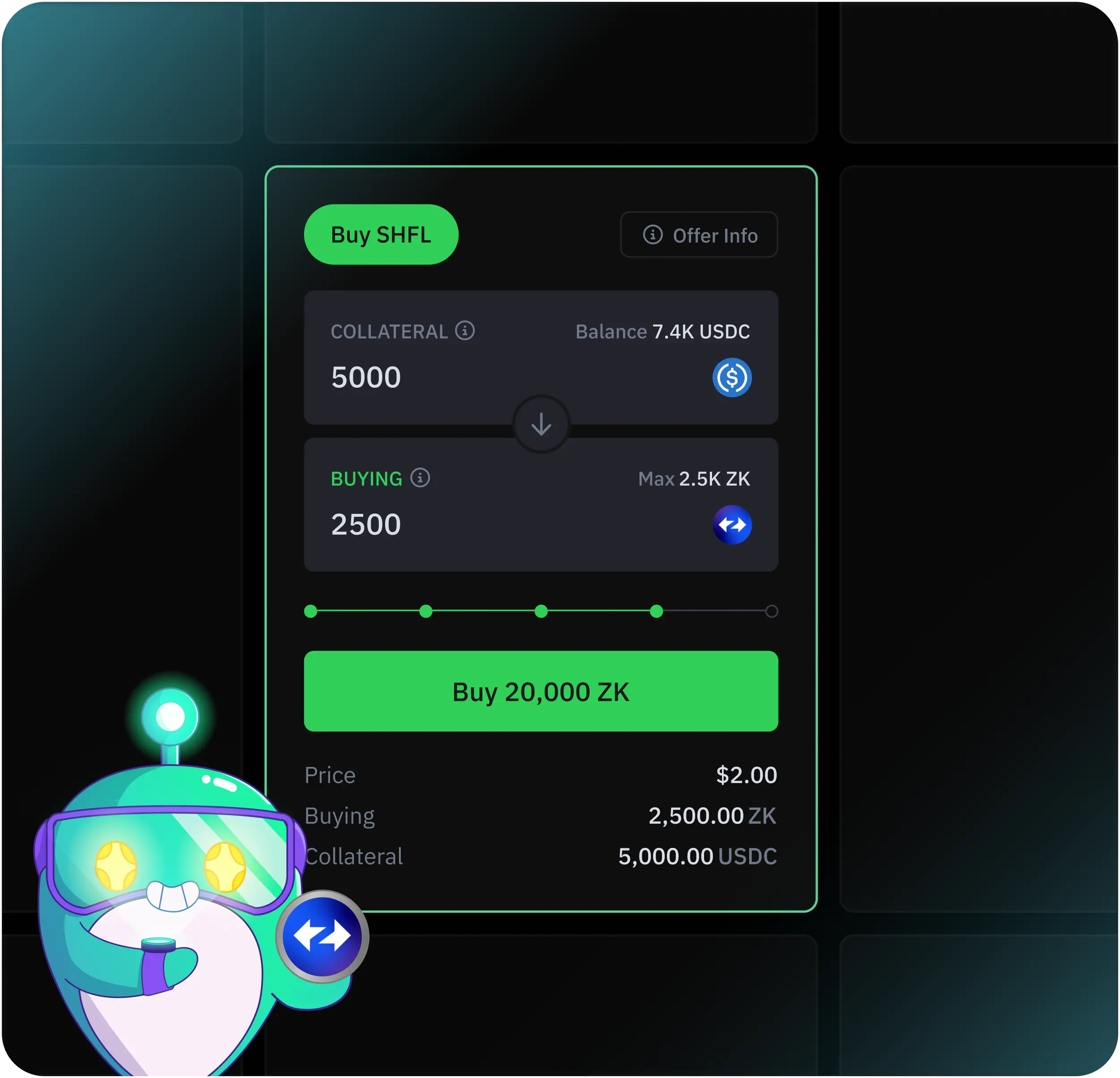 Trading app interface showing pre-TGE token allocation trading with security and zero slippage